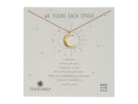 Dogeared We Found Each Other Crecent Moon with Crystal Necklace (Gold) Necklace. 1 universe  billions of stars  9 planets  7 seas  and we found each other. Wear your necklace as a reminder that our friendship is one of a kind. Delicate chain features crescent moon with crystal detail. Choose from sterling silver or gold-dipped sterling silver. Spring ring closure. 2 extender. Each Dogeared Jewels necklace and bracelet is pack #Dogeared #Jewelry #Necklace #GeneralNecklace #Gold 9 Planets, 7 Seas, Dogeared Jewelry, Pop Jewelry, Horseshoe Pendant, Dainty Diamond Necklace, Horseshoe Necklace, Crown Necklace, Aesthetic Filter