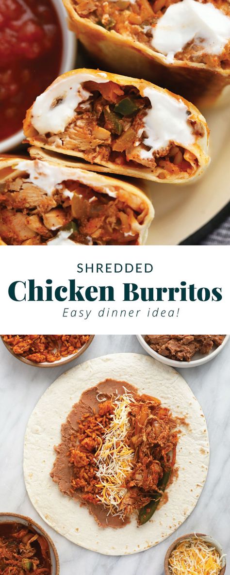 These easy shredded chicken burritos are super flavorful with smothered chicken and fajita veggies, refried beans and Spanish rice. Make a batch and enjoy immediately, or follow our freezer instructions for the ultimate meal prep recipe! Chicken And Bean Burrito Recipe, Spanish Rice Burrito, Chicken Refried Beans Recipes, Make Ahead Chicken Burritos, Burritos Recipe Chicken, Chicken And Bean Burritos, Chicken Bean Burrito, Shredded Chicken Burritos, Rice And Bean Burrito