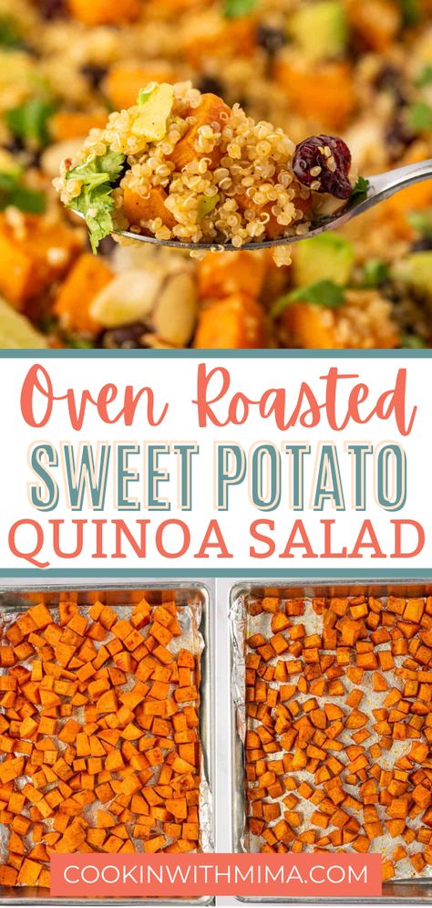 This Oven Roasted Sweet Potato Quinoa Salad is super nutritious and absolutely packed with incredible flavor! It’s the perfect recipe to make ahead of time for a protein filled lunch. You can also serve it as a side to any meal. Try this tasty salad recipe today and I know you’ll be in love! Quinoa Kale Sweet Potato Salad, Roasted Sweet Potato Quinoa Salad, Quinoa Salad With Sweet Potato, Sweet Potato And Quinoa Recipes, Quinoa And Sweet Potato Recipes, Quinoa Sweet Potato Recipes, Sweet Potato Quinoa Bowl, Kale Sweet Potato Salad, Roasted Sweet Potato Salad