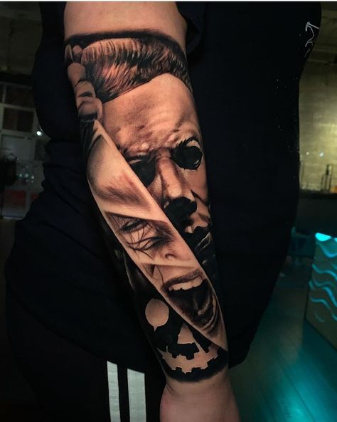 Michael Myers And Jason Tattoo, Michael Myers Forearm Tattoo, Gentlemen Tattoo For Men, Michele Myers Tattoo, Ghostface Sleeve Tattoo, Michael Myers Hand Tattoo, Best Men Tattoos Ideas, Michael Meyer Tattoo, Mike Myers Tattoo