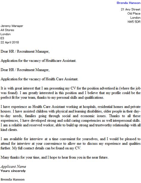 Health Care Assistant Cover Letter Example - icover.org.uk Job Cover Letter Examples, Healthcare Assistant, Job Application Cover Letter, Care Assistant, Health Care Aide, Application Cover Letter, Health Care Assistant, Best Cover Letter, Job Cover Letter