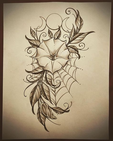 Tina Greer on Instagram: “Moon flower ✨🌙✨ Email if you’re interested...link in bio 🖤 thanks for looking #moonflower #moonflowertattoo #spiderwebtattoo #witchythings…” Moonflower Vine Tattoo, Sun And Moon Drawing Ideas, Floral Moon Design, Flowers And Spider Web Tattoo, Floral Moon Drawing, Moonflower Illustration, Moonflower Tattoo Design, Flower Tattoos Dark, Moon Flower Tattoo Designs