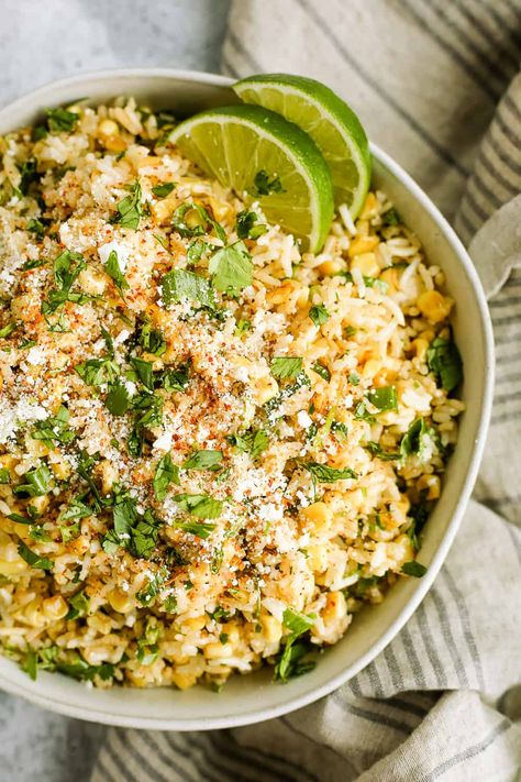 Mexican Street Corn Rice Bowl, Mexican Street Rice, Corn Rice Mexican, Corn Bowl Recipe, Rice Corn Recipes, Mexican Street Corn Bowl, Elote Bowl Recipe, Street Corn Rice Bowl, Rice And Corn