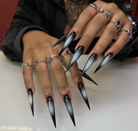 Black French Tip Stiletto Nails, Black Airbrush Nails, Long Chrome Nails, Gothic Stiletto Nails, Long Stiletto Nails Design, Stiletto Black Nails, Goth Stiletto Nails, Black Stiletto Nails Design, Stiletto Nails Black