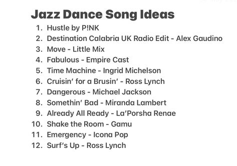 Jazz Dance Songs Playlists, Jazz Duet Dance Songs, Sassy Jazz Dance Songs, Jazz Solo Songs, Dance Competition Songs, Jazz Songs For Dancers, Jazz Dance Songs, Dance Songs Playlist, Giggly Squad