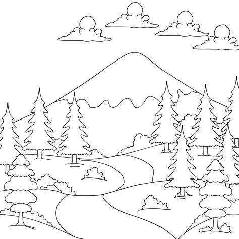 Design Nature Landscape Outline Coloring Page Nature Outline Drawing, Landscape Outline, Outline Pictures, Outline Drawings, Nature Landscape, Blackpink Rose, Coloring Page, Landscape Paintings, Vector Art