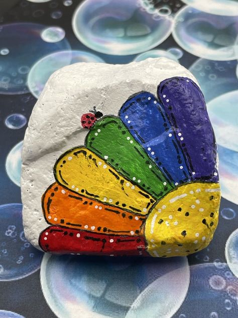 Hand Painted Rock, Rainbow Flower And Ladybug, Stone Painting Art, Sealed Fairies Painted On Rocks, Dragon Fly Painted Rocks, Painted Rocks Spring, Square Rock Painting, Ladybug Rocks Painted, Turtle Rock Painting, Rainbow Rock Painting, Ladybug Rock Painting, Project Happiness