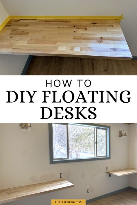 Diy Floating Counter, Floating Work Desk, Floating Counter, Diy Wall Desk Ideas, Floating Desk Above Radiator, Diy Floating Countertop, Wall Mount Desk Diy, Floating Standing Desk, Wall Mounted Desk Ideas