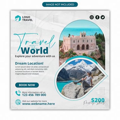 Premium PSD | Social media travelling post or travel business agency promotion square banner template Square Template, Digital Advertising Design, Facebook Post Design, Poster Template Design, Travel Poster Design, Digital Marketing Design, Social Media Poster, Social Media Design Inspiration, Graphic Design Lessons