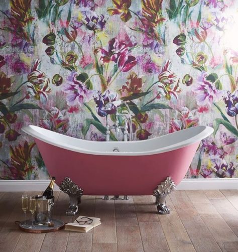 A pink freestanding tub and champagne? Don’t mind if we do! @heritagebathrooms have created this beautiful space using simply a free standing tub and a stunning floral wallpaper! #loverenovate #renovate #renovatedhome #renovationlife #renovationproject #homeextention #beforeandafter #renovation #renovatingyourhome #renovatingonabudget #homerenovations #buildingahome #loverenovation #interior #interiordesign #myhousethismonth #myrenovationproject #bathroominspo #bath #freestandingtub Pink Bath Tub, Pink Bathrooms Designs, Heritage Bathroom, Cast Iron Bath, Slipper Bath, Shower Over Bath, Double Ended Bath, Pink Baths, Victorian Bathroom