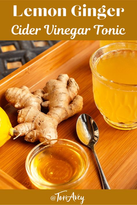 Morning Lemon Ginger Infusion – Start your morning with a healthy, warm beverage of ginger, apple cider vinegar, fresh lemon juice and honey. | ToriAvey.com #ginger #applecidervinegar #morningbeverage #healthybeverage #healthtonic #TorisKitchen Apple Cider Vinager, Apple Cider Vinegar Tea, Apple Cider Vinegar Shots, Apple Cider Vinegar Lemon, Apple Cider Vinegar Rinse, Apple Cider Vinegar Detox Drink, Honey Drink, Drinking Vinegar, Ginger Drink