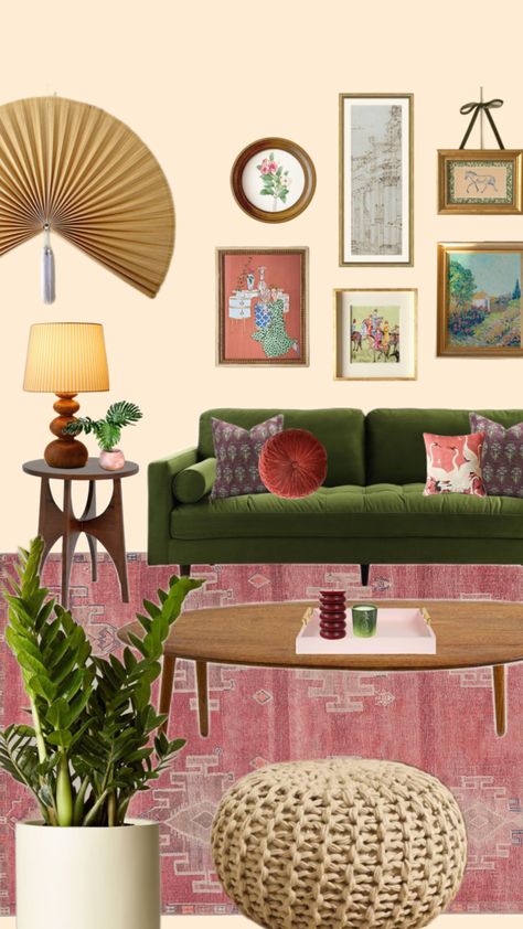 Living room Groovy Aesthetic Living Room, Living Room Collage, Modern Victorian Kitchen, Biofilic Design, Interior Board, Art Deco Mid Century Modern, Cozy Small Bedrooms, Dream Dorm Room, Bedroom 2024