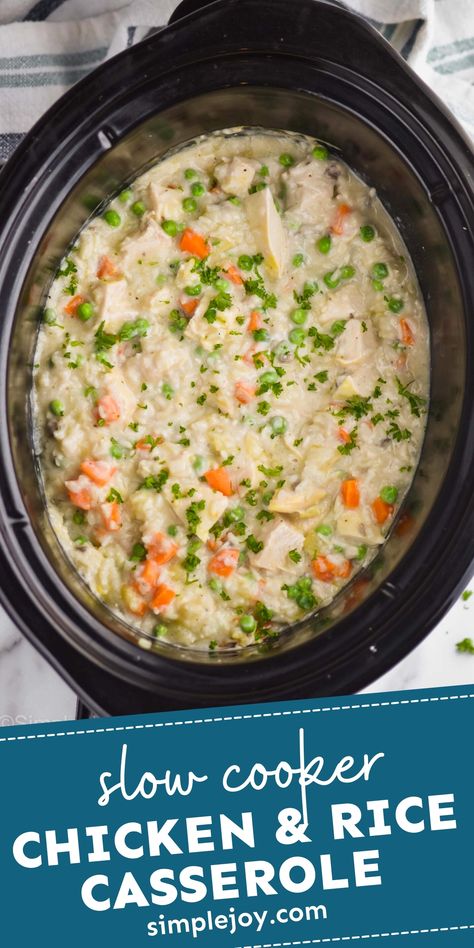 Slow Cooker Chicken and Rice is the perfect kid friendly comfort food! Chicken Casserole Crockpot, Crockpot Chicken And Rice Casserole, Rotisserie Chicken And Rice, Slow Cooker Chicken And Rice, Crockpot Chicken And Rice, Slow Cooker Tortilla Soup, Crockpot Rotisserie Chicken, Chicken And Rice Crockpot, Crockpot Chicken And Noodles