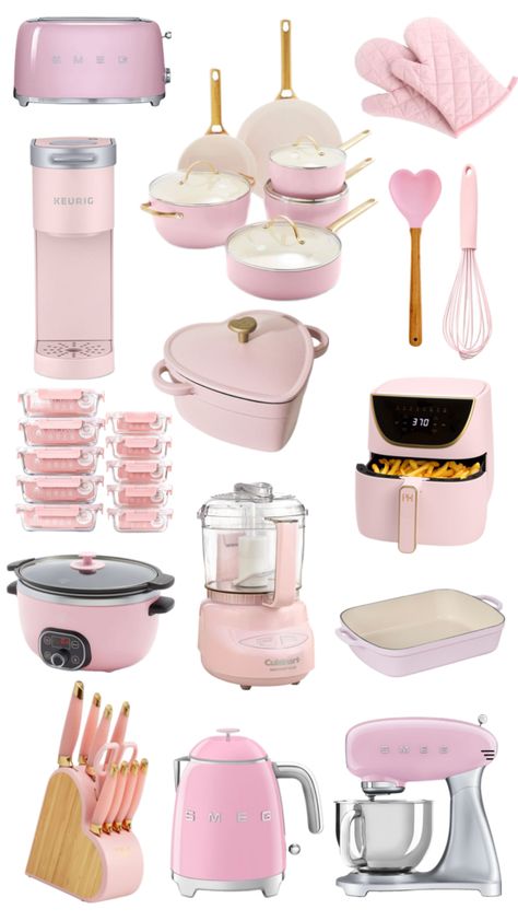 Appliances Aesthetic, Pink Kitchen Appliances, Baking Appliances, Princess Kitchen, House Appliances, Horror Room, Pink Kitchen Decor, Strawberry Kitchen, First Apartment Decorating