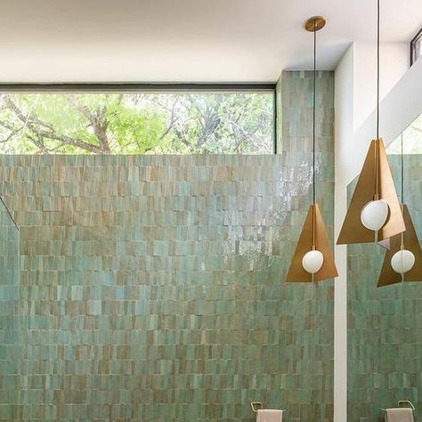 Zia Tile on Instagram: "Multifaceted, multi-tonal, and made by 🖐️ Our hyper-dynamic trapezoid zellige shimmers in a million tones of green, blue, aqua, and earth. Seen here in Tidepool paired with our super neutral Glazed Earth 4x4 on the floor. Design by @thehuntertipps 📸 by @_leonidfurmansky" Trapezoid Zellige, Zia Tile, Zellige Tile, Tide Pools, Green Tile, Floor Design, On The Floor, The Floor, Master Bath