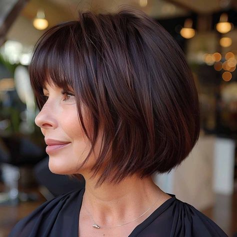 Layered Bob Hairstyles For Fine Hair With Bangs, Angular Bob With Bangs, 50 Year Old Bob Hairstyle, Chin Length Bob Back View, Chin Length Bob With Bangs Over 50, Layered Bob With Fringe Bangs, Side Part Hair With Bangs, Bob For Thick Hair Over 50, Modern Bob Haircut With Bangs