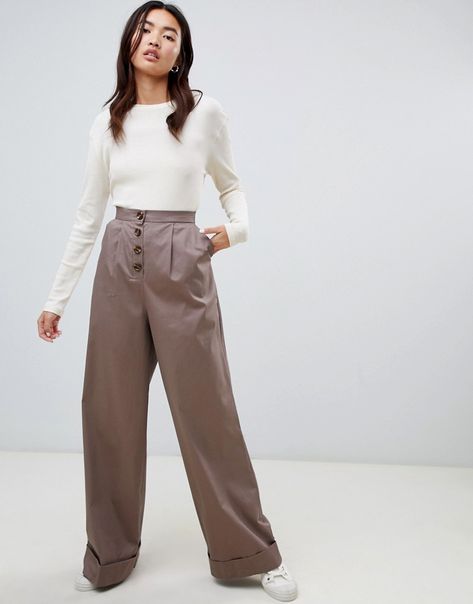 ASOS Clean Utility Pant PANTS with Exposed Button Pant Trouser, Cheap Leggings, Trousers For Women, Utility Pants, Leg Stretching, Pop Fashion, Women's Leggings, Wide Leg Pants, Khaki Pants