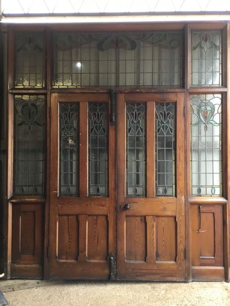 Grand 18th Century Chapel Double Doors w Stained Glass - Authentic Reclamation Stained Glass Doors Entrance Victorian, Vintage Glass Front Door, Stained Glass Wooden Door, Victorian Sliding Doors, Stained French Doors Interior, English Farmhouse Doors, Leaded Glass French Doors, Double Dutch Front Door, Stained Glass Entry Doors