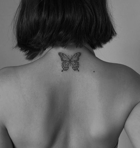 Butterfly Tattoo Nape Of Neck, Butterfly Tattoo Nape, Butterfly Behind Neck Tattoo, Butterfly Tattoo For Back, Back Of Neck Butterfly Tattoo, Butterfly Tattoo Neck For Women, Butterfly Tattoo Behind Neck, Nape Tattoo Women Minimalist, Butterfly Tattoo Back Of Neck