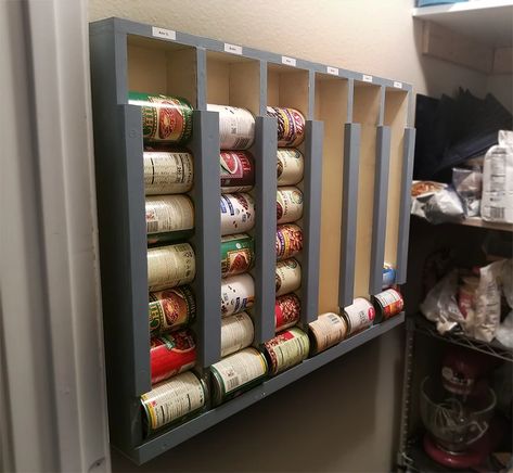 DIY Food Can Dispenser - with plans - diy post - Imgur Diy Can Dispenser Pantry, Can Dispenser Pantry, Diy Can Dispenser, Can Dispenser Diy, Canned Food Organization, Can Food Organizer, Canned Food Dispenser, Canned Good Storage, Dispenser Diy