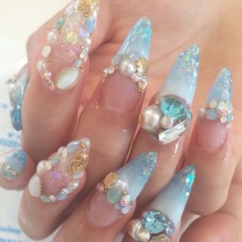 Gyaru Nails, No Ordinary Girl, Mermaid Nails, Pretty Gel Nails, Really Cute Nails, Soft Nails, Blue Nail, Nail Swag, Kawaii Nails