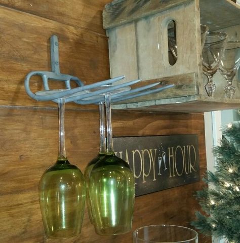 Pitch fork wine glass holder Pitch Fork, Wine Glass Shelf, Glass Shelves In Bathroom, Glass Shelves Decor, Glass Shelves Kitchen, Pitch Forks, Floating Glass Shelves, Glass Wall Shelves, Wine Glass Rack