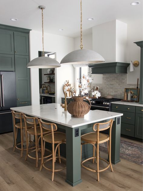 Dark Green Kitchen, Concrete Pendant Light, Modern Farmhouse Kitchen, Modern Counter Stools, Wood Counter Stools, Modern Kitchen Island, Green Cabinets, White Countertops, Kitchen Pendant Lighting