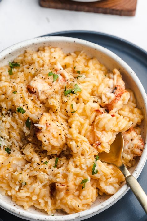 Creamy Lobster Risotto Recipe Lobster Orzo Recipes, Lobster Rosoto Recipes, Lobster Rissoto Recipes, Lobster Tail Dinner Ideas Meals, Lobster Orzo, Langostino Lobster Recipes, Risotto Aesthetic, Healthy Lobster Recipes, Lobster Risotto Recipe