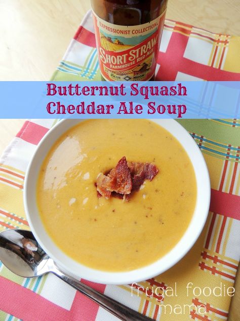 Butternut Squash Cheddar Ale Soup via thefrugalfoodiemama.com - a pub favorite gets a fall twist #cheddaralesoup #soup #butternutsquash #fallrecipe Cheddar Ale Soup Recipe, Colonial Tavern, Beer Soup, Comfy Food, Fall Favorites Recipes, Chicken And Butternut Squash, Savory Soups, Soup And Sandwich, Squash Recipes