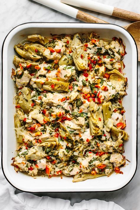 This spinach artichoke chicken bake is savory, cozy, and layered with loads of chicken and veggies for the perfect all-in-one meal prep dish. Mushroom Artichoke Chicken, Easy One Dish Casserole Recipes, Then And Now Recipes, Lemon Chicken With Spinach And Artichokes, Chicken Thigh And Artichoke Recipes, Spinach And Artichoke Casserole With Chicken And Cauliflower Rice, Chicken Pesto Artichoke Bake, Chicken Artichoke Olives Recipes, Crockpot Artichoke Chicken