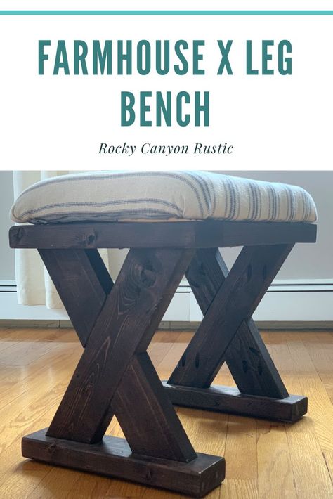 Easy and inexpensive way to add gorgeous farmhouse seating to your home!  This Farmhouse X Leg bench would be a great addition to any room! Diy Bench Legs Ideas, Small Wood Bench Diy, Diy Small Bench Seat, Bench Legs Ideas, Wood Bench Ideas, Small Wood Bench, Diy Bank, Farmhouse Bench Diy, Gorgeous Farmhouse