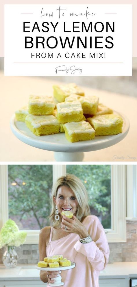 Folks rave over these moist, dense, lemon brownies made from a cake mix and drizzled with a fresh lemon juice glaze. Easy and delicious! Save this pin for the recipe at Family Savvy #lemonbrownies #brownies #cakemixbrownies #lemondessert Easy Lemon Brownies, Family Savvy, Lemon Cake Mix Recipe, Cake Mix Brownies, Lemon Brownies, Lemon Cake Mixes, Lemon Dessert Recipes, Comfort Food Southern, At Family