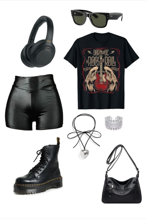 Rockstar Girlfriend outfit, Bluetooth headphones, rings, sparkly ring, heart necklace, dr Martens, leather bag, black shorts, Ray-Ban, Rock 'n Roll t-shirt, rockstar, comfy outfit Rockstar Girlfriend Outfit, Rockstar Girlfriend, Clothes