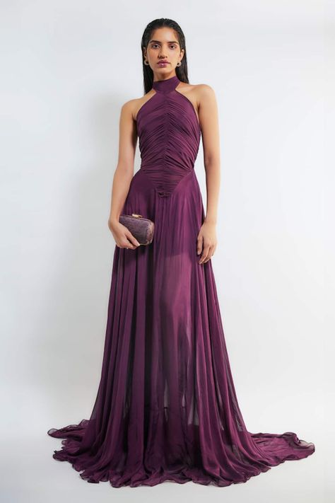 Buy Purple Malai Lycra Plain Halter Neck Kerstin Ruched Pleated Gown For Women by Deme by Gabriella Online at Aza Fashions. Violet Two Piece Dress, Teal Red Carpet Dress, Deep Purple Wedding Guest Dress, Mermaid Dress Purple, Mexican Gown Evening Dresses, Castle Wedding Bridesmaid Dresses, Purple Formal Gown, Evening Gowns Purple, Muted Purple Dress