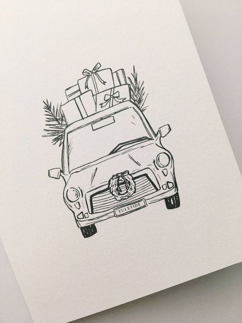 Present Drawing, Easy Christmas Drawings, Xmas Drawing, Sharpie Drawings, Christmas Sketch, Doodle Art Journals, Christmas Doodles, Christmas Card Art, Christmas Car