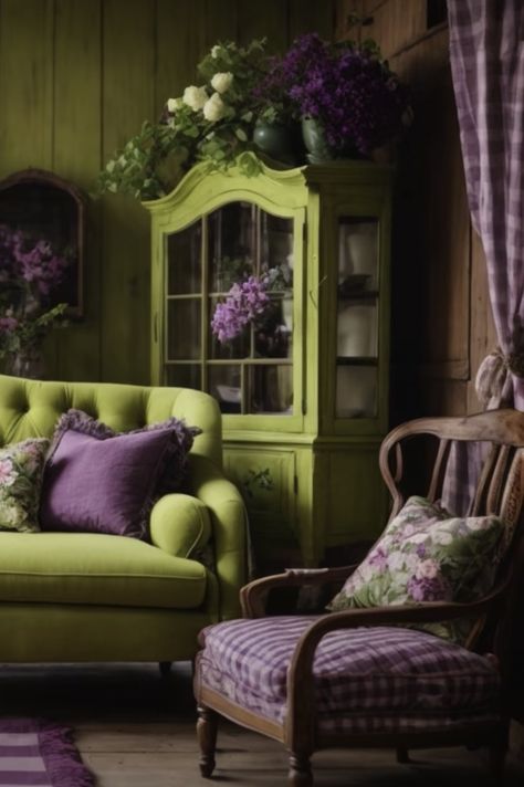 Purple And Green Living Room Ideas, Green And Purple Decor, Purple And Green Aesthetic, Bookshelf Design, Bedroom Green, Green Rooms, Cozy Room, Colorful Furniture, Beautiful Furniture