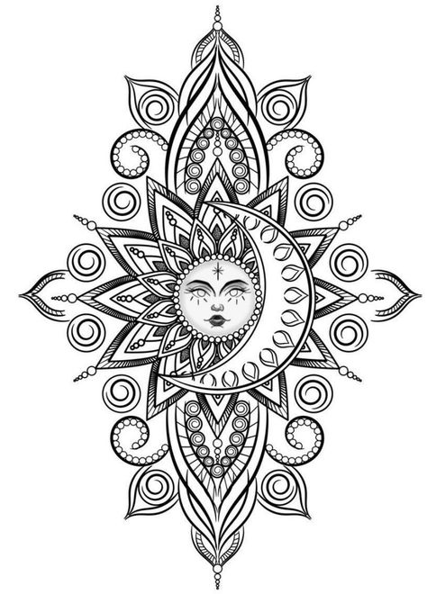 Sun Moon Mandala Tattoo, Sun And Moon Mandala Drawing, Mandala Sun And Moon Tattoo, Mandala Moon Tattoo, Sun Mandala Tattoo, Tattoo Sol E Lua, Sun Moon Mandala, Sun And Moon Mandala, Mandala Moon