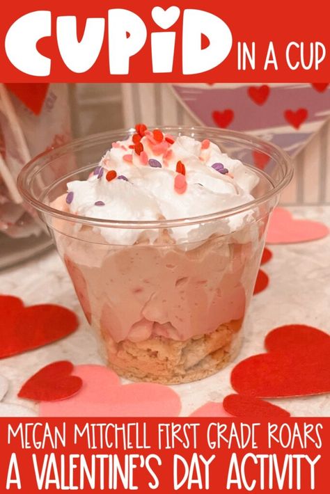 Cupid in a Cup Valentine's Day classroom activity and snack Cupid In A Cup Snack, Cupid In A Cup, Halloween Dramatic Play, Free Printable Valentine Cards, Classroom Valentines Party, Valentines Party Food, Classroom Snacks, Printable Valentine Cards, Megan Mitchell