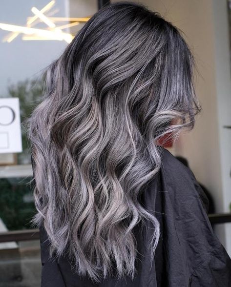 Medium Brown Ash Balayage, Salt And Pepper Balayage, Ash Brown With Silver Highlights, Black To Silver Balayage, Smokey Ash Brown Balayage, Dark Grey Balayage, Grey Balayage Brunettes, Hair Color Ideas Ash Brown, Smokey Ash Brown Hair