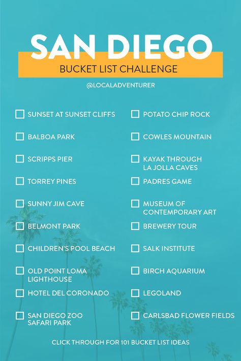 San Diego Bucket List Challenge - Click through to see 101 Things to Do in San Diego California // Local Adventurer #sandiego #california #usa #bucketlist #traveltips #southerncalifornia San Diego Spring Break Outfits, California San Diego, San Diego Bucket List, California Bucket List, Photo Summer, San Diego Vacation, List Challenges, Ultimate Bucket List, San Diego Travel