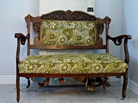 Settee before and during, Sherry's bench makeover 001 Antique Settee Makeover, Vintage Settee Makeover, Stairwell Window, Eastlake Furniture, Wood Settee, Antique Furniture Makeover, Victorian Settee, Bench Makeover, Deconstructed Chair