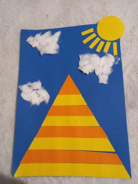 Pyramid Craft For Preschool, Pyramid Art Project, Egyptian Projects For Kids, Egypt Activities For Preschool, Egypt Crafts For Preschool, Aladdin Activities For Kids, Pyramid Activities For Kids, Travel Around The World Crafts For Kids, Pyramid Craft For Kids