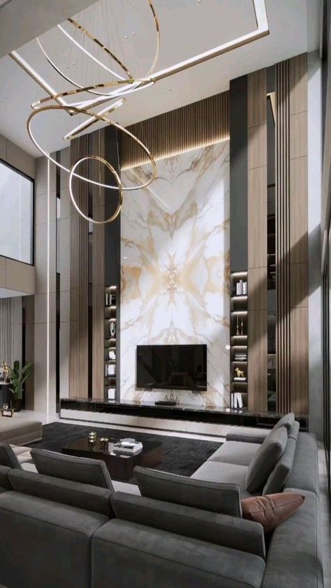 High Ceiling Living Room Modern, Double Height Living Room, Modern Luxury Living Room, Living Room Wall Designs, High Ceiling Living Room, Living Room Tv Unit, Living Room Design Inspiration, Living Room Design Decor, Luxury Homes Interior