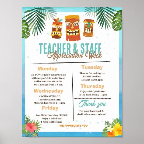 Editable Luau Teacher Appreciation Week Itinerary Survivor Theme, Teacher Appreciation Week Themes, Teacher Appreciation Themes, Teachers Week, Staff Appreciation Week, Luau Theme Party, Luau Theme, Beach Themed Party, Hawaiian Theme