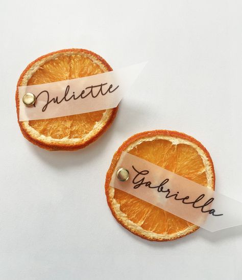 Custom dried orange slice place cards, perfect for citrus themed parties! Orange Place Cards, Dried Citrus, The Orangery, Name Cards, Place Cards, Denver, Orange