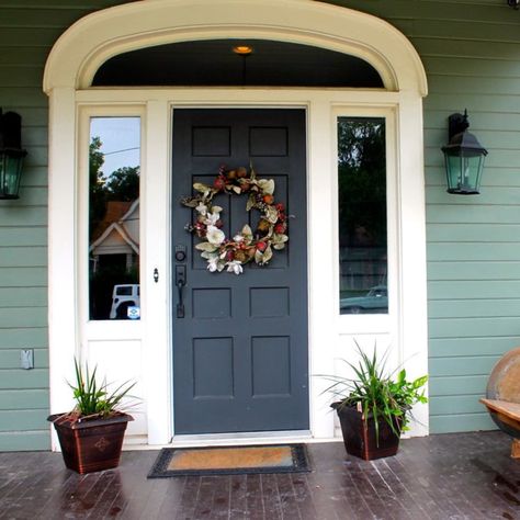 Browse Photos | Apartment Therapy Sage Green Bungalow Exterior, Sage Green House With Blue Door, Sage Outdoor Paint, Exterior House Colors Sage Green, Sage Siding Exterior Color Combos, Door Colors For Sage Green House, Indigo Batik Sherwin Williams Front Door, Sage Green Exterior Paint, Blue Craftsman Exterior