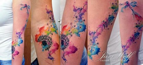 Dandelion rainbow watercolor tattoo Watercolor Dandelion Tattoo, Dandelion Tattoo Meaning, Watercolor Dandelion, Winter Tattoo, Dandelion Tattoo Design, Watercolour Tattoos, Glyph Tattoo, Dandelion Tattoo, Dragonfly Tattoo