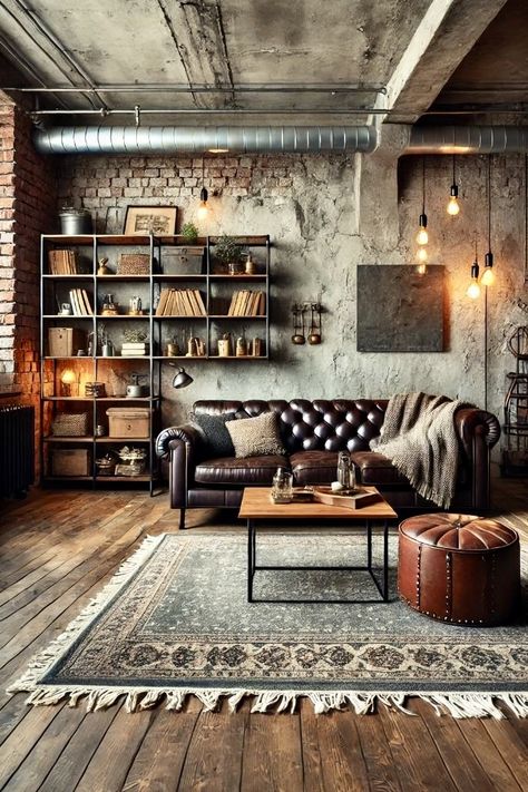 Industrial Theme Living Room, Industrial Loft Living Room, Loft Living Room Decor, Industrial Penthouse, Industrial Color Palette, Apartment Living Room Decor Ideas, Rustic Industrial Living Room, Industrial Living Room Design, Apartment Living Room Decor