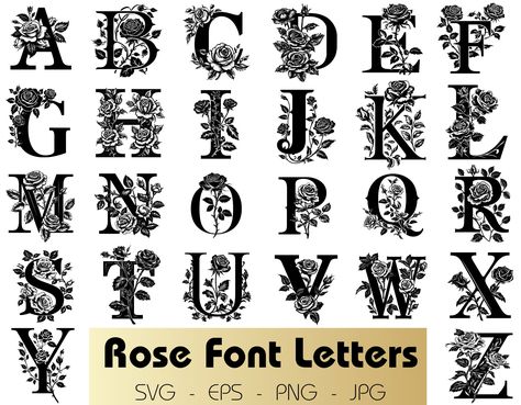 These decorative fonts are typically styled with ornaments or patterns. Rose Letters, Svg Letters, Floral Font, 26 Letters, Floral Letters, Capital Letters, Floral Theme, Lettering Fonts, Rose Pattern