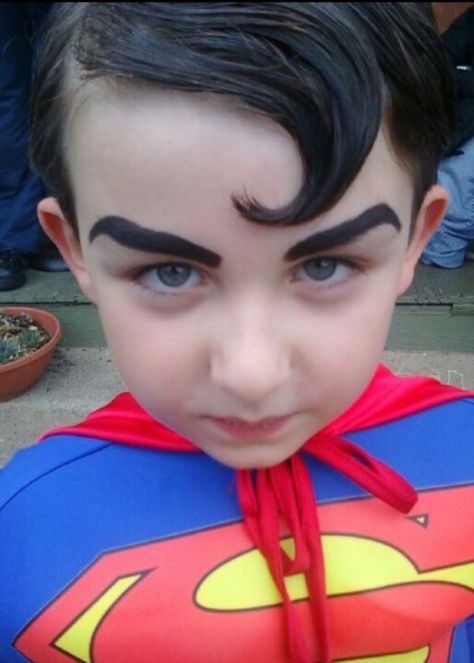 Superman costume done right. Gotta remember to do Colden's eyebrows like this Diy Superman Costume, Superman Makeup, Superman Hair, Superman Halloween Costume, Superman Halloween, Superman Costume, Superman Costumes, Halloween Costume Idea, Fun Halloween Crafts